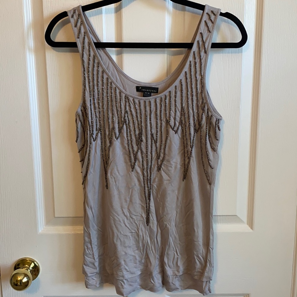 Forever 21 Taupe Beaded Scoop Neck Tank Top